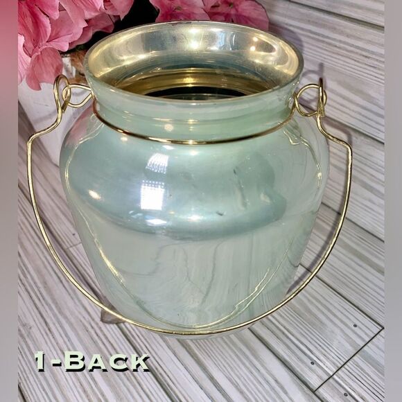 2 Metallic Sage Green Glass Candle Holders With Gold Tone Handle - Picture 5 of 7